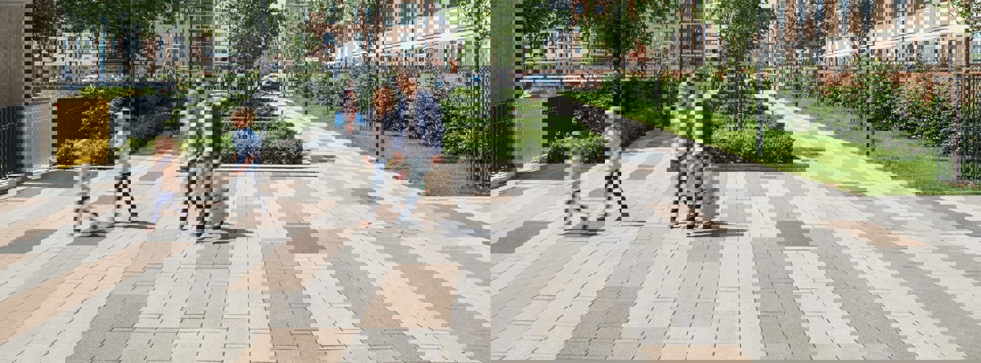 People walking across the courtyard
