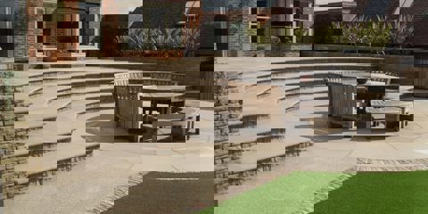 Marshalls Sawn Versuro steps and wooden garden furniture